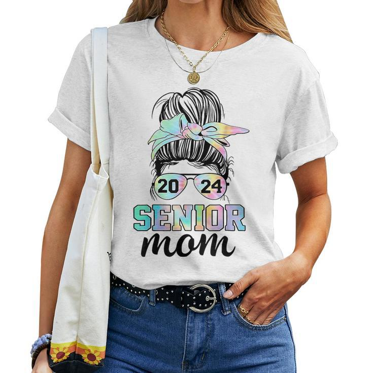 Senior 2024 Mom Class Of 24 Proud Mom Messy Bun Tie Dye For Mom Women T-shirt