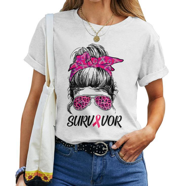 Survivor Breast Cancer Awareness Messy Bun Pink Ribbon Women T-shirt