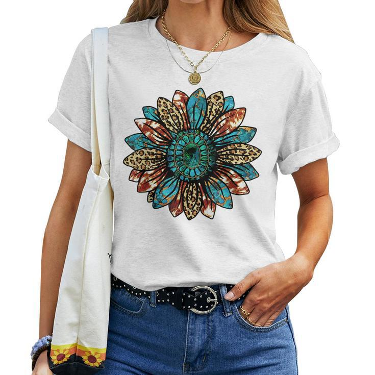 Western Country Texas Cowgirl Turquoise Cowhide Sunflower Women T-shirt