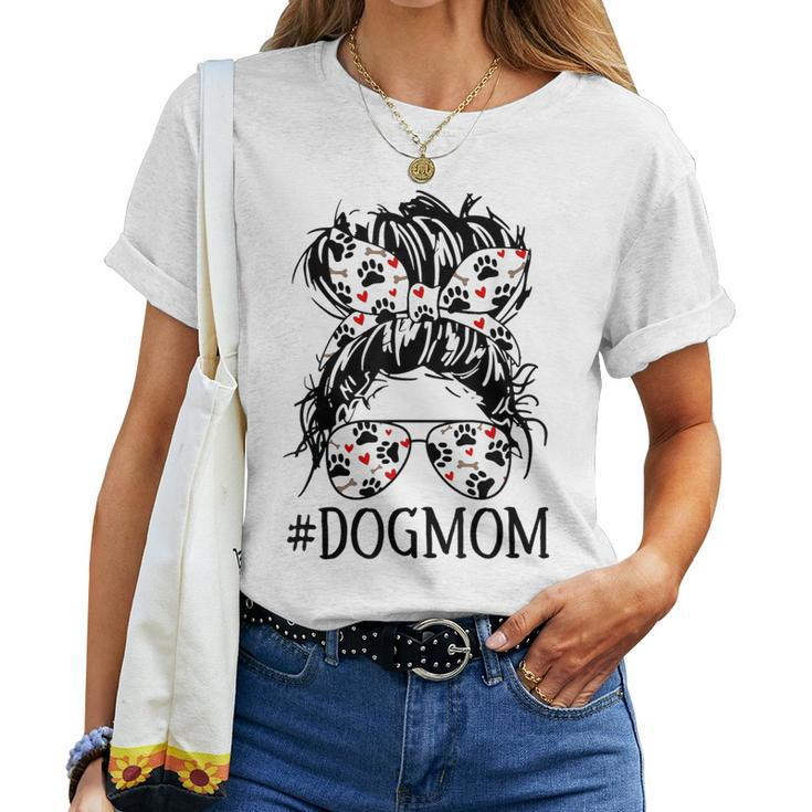 Women's Messy Bun Mom Dog Mom Glasses Fun Dog Lovers Women T-shirt