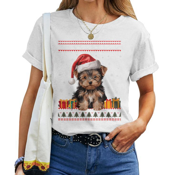 Yorkshire Terrier Dog Santa Hat Ugly Christmas Sweater Women T-shirt