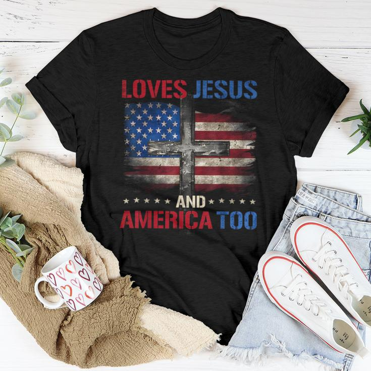 American Flag Loves Jesus And America Too God Christian 4Th Women T-shirt Unique Gifts