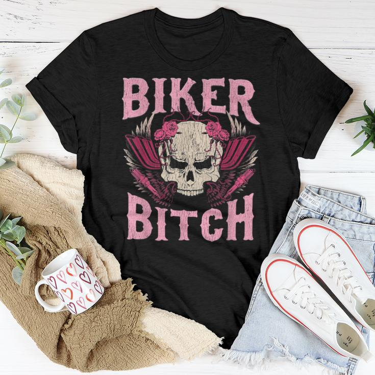 Biker Bitch Skull Motorcycle Wife Sexy Babe Chick Lady Rose Women T-shirt Unique Gifts