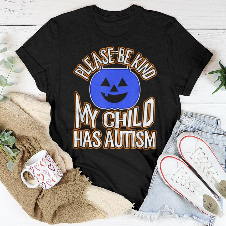 Blue Pumpkin Bucket Halloween Be Kind My Child Has Autism Women T-shirt Unique Gifts