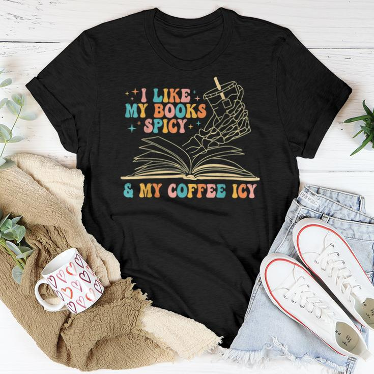 I Like My Books Spicy And My Coffee Icy Skeleton Hand Book For Coffee Lovers Women T-shirt Unique Gifts
