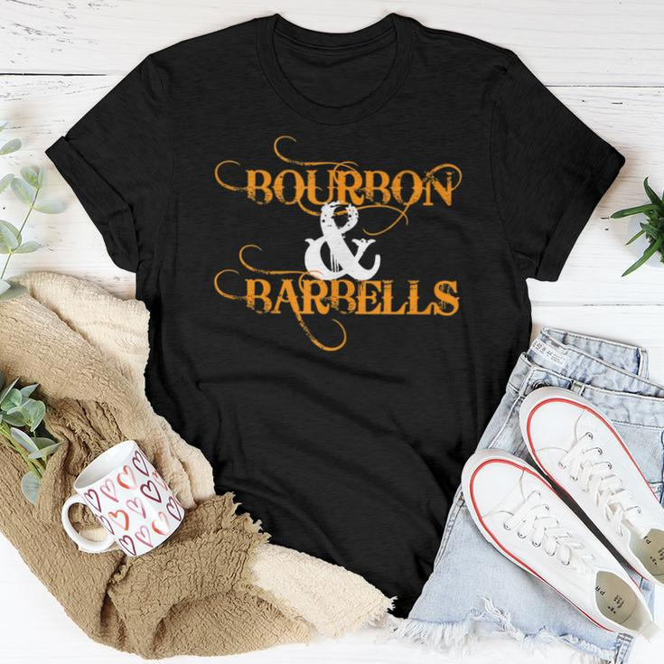 Bourbon & Barbells Weightlifting Fitness Gym Whiskey Workout Women T-shirt Unique Gifts