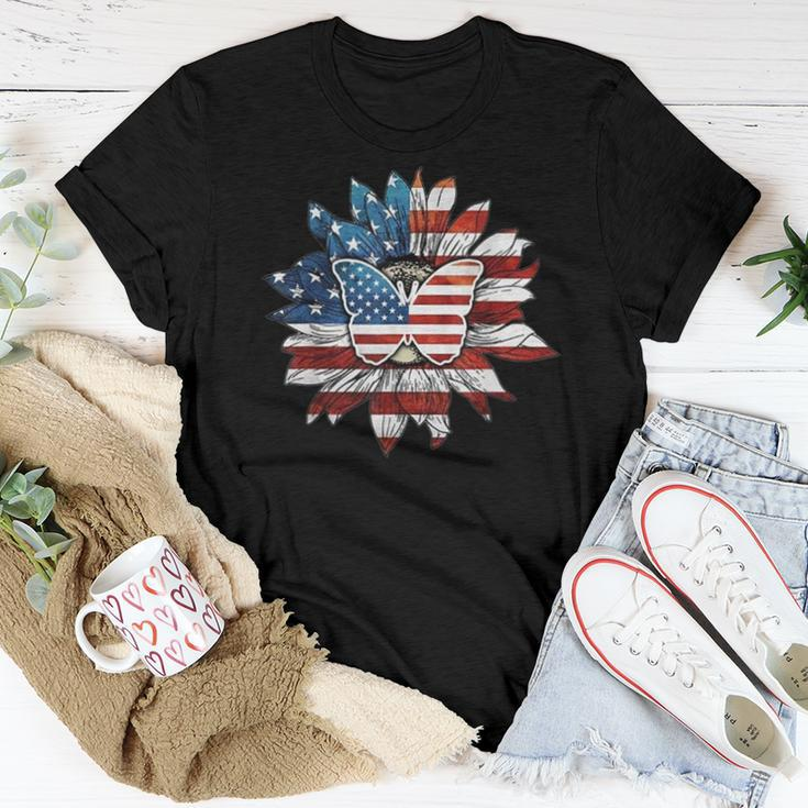 Butterfly Sunflower American Flag Women T-shirt Unique Gifts