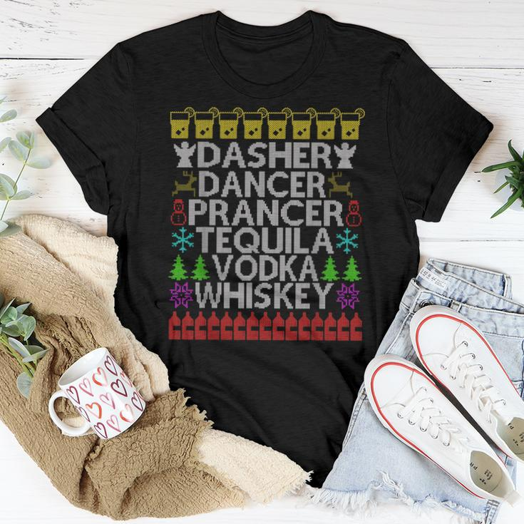 Dasher Dancer Tequila Vodka Ugly Christmas ListWomen T-shirt Crewneck Unique Gifts