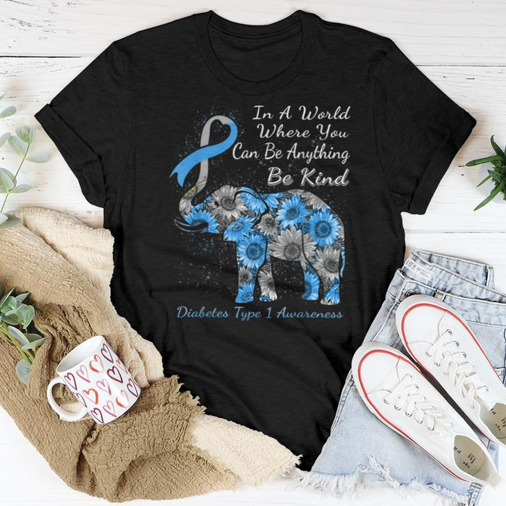 Diabetes Type 1 Awareness Sunflower Elephant Be Kind Women T-shirt Unique Gifts