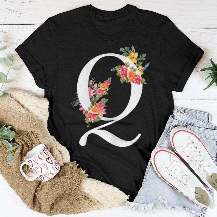 Floral Alphabet Letter First Name With Q Flower Women T-shirt Unique Gifts