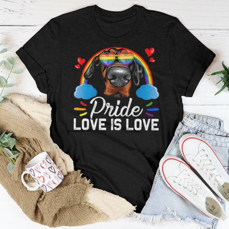 Fun Lgbt Pride Love Is Love Rainbow Doberman Dog Women T-shirt Unique Gifts