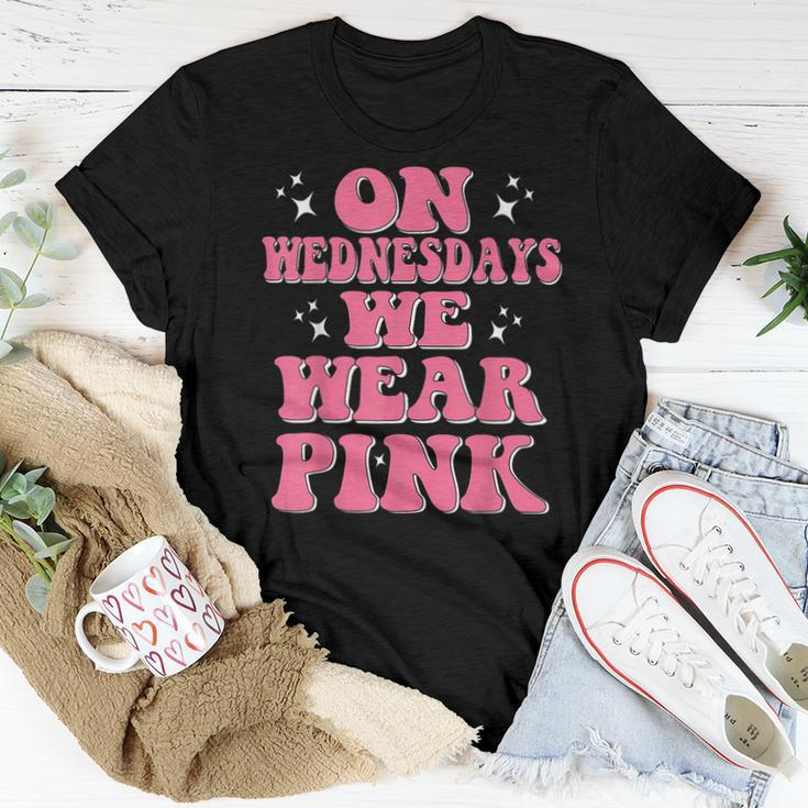 Funny We Wear Pink On Wednesdays Messy Bun On Wednesday Pink Women T-shirt Unique Gifts