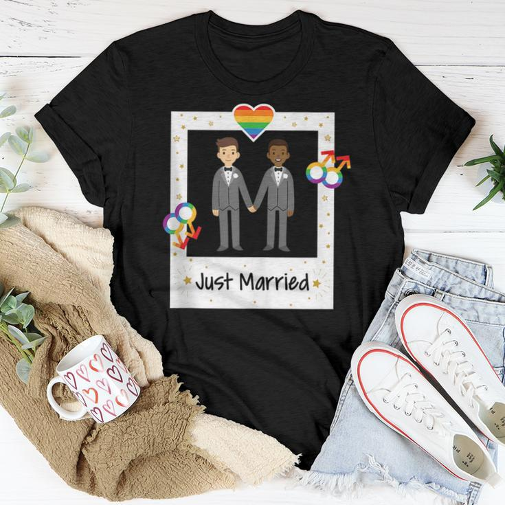Gay Couple Just Married Rainbow Lgbt Wedding Men Husband Women T-shirt Unique Gifts
