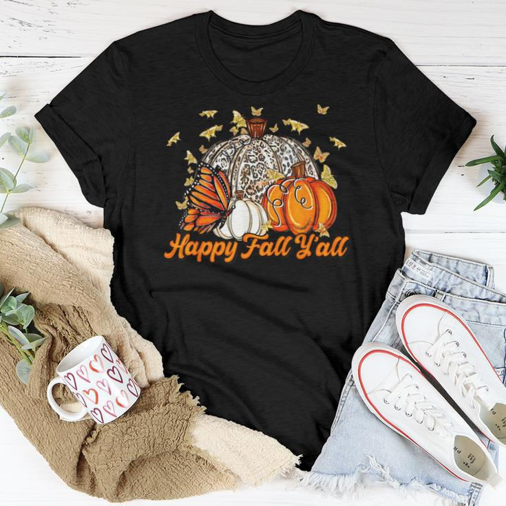 Happy Fall Y'all Pumpkin Butterfly Autumn Thanksgiving Retro Women T-shirt Unique Gifts