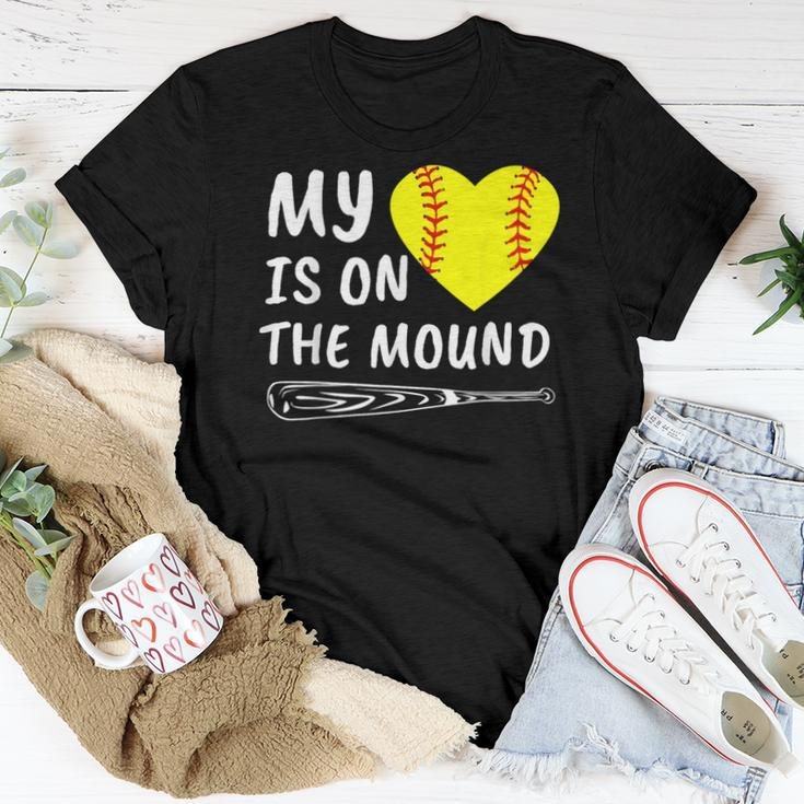 My Heart Is On The Mound Softball Bat Proud Mom Dad Women T-shirt Unique Gifts