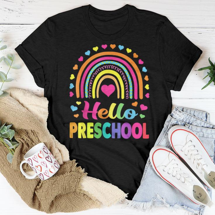 Hello Preschool Teacher Leopard Rainbow Back To School Women T-shirt Funny Gifts