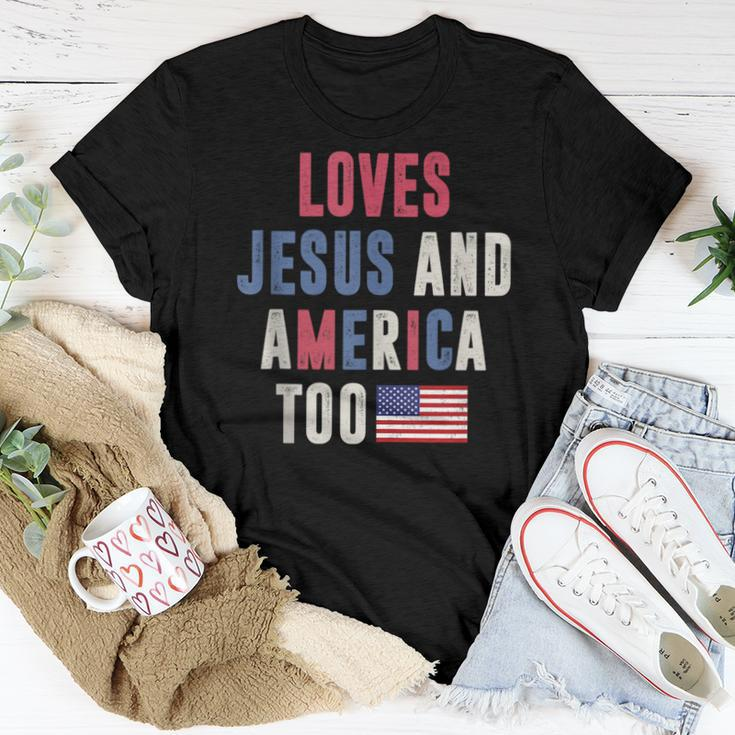 Loves Jesus And America Too Retro 4Th Of July Proud Usa Flag Usa Women T-shirt Unique Gifts