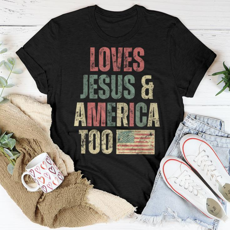 Loves Jesus And American Too Retro Patriotic Patriotic Women T-shirt Crewneck Unique Gifts