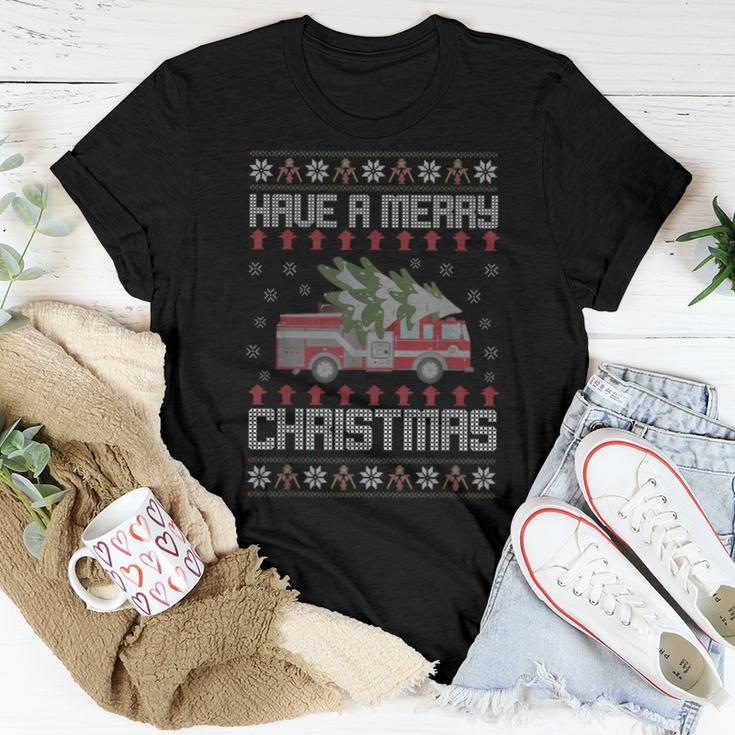 Merry Xmas Ugly Christmas Sweater Fireman Firefighter Women T-shirt Funny Gifts