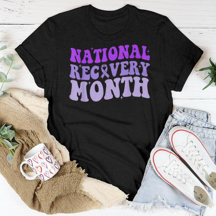 National Recovery Month Groovy Purple Ribbon Recovery Women T-shirt Unique Gifts
