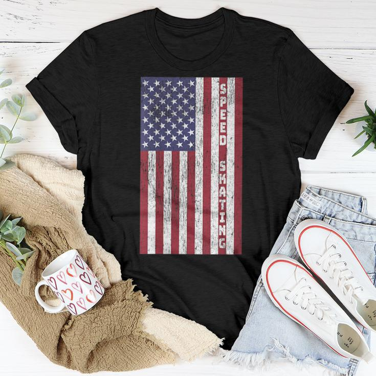 Patriotic Speed Skating - Retro American Flag Graphic Patriotic Women T-shirt Unique Gifts