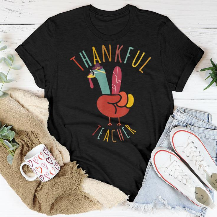 Peace Hand Sign Turkey Thankful Teacher Thanksgiving Women T-shirt Funny Gifts