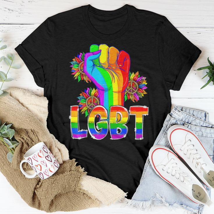 Proud Rainbow Hand Fist Lgbt Rainbow Sunflower Pride Month Women T-shirt Unique Gifts