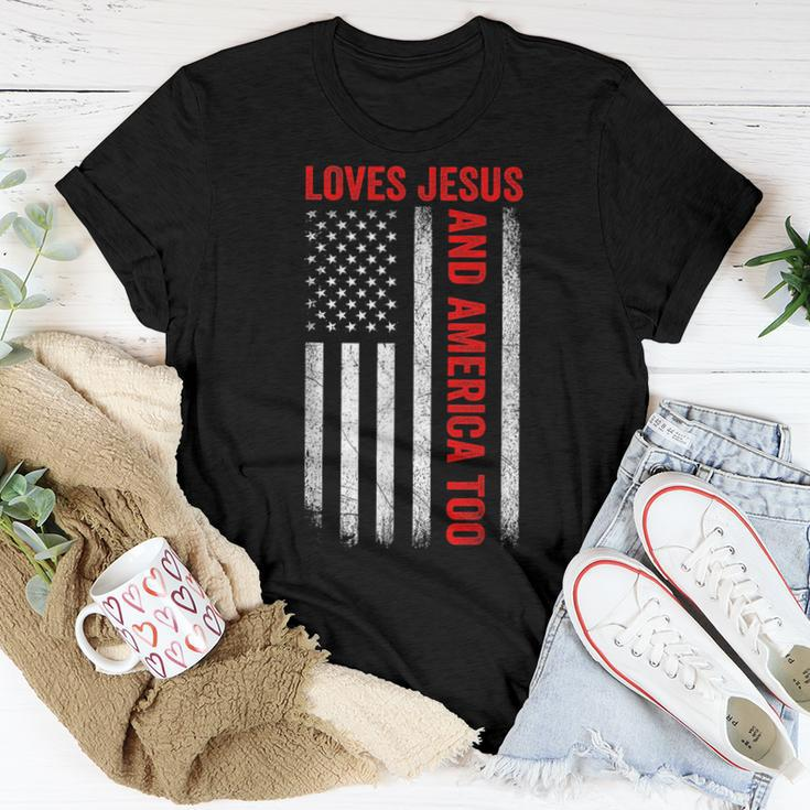 Retro Loves Jesus And America Too American Flag 4Th Of July Women T-shirt Unique Gifts