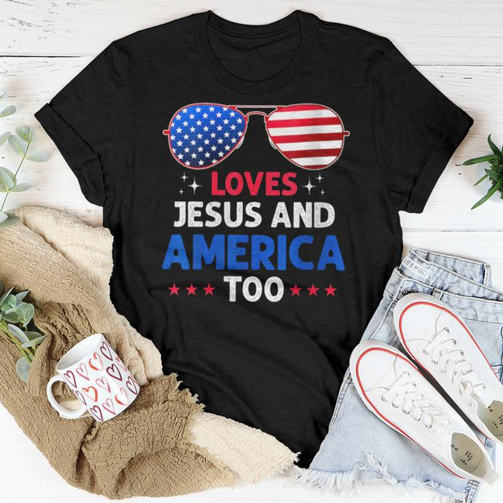 She Loves Jesus And America Too 4Th Of July Retro Usa Flag Usa Women T-shirt Unique Gifts