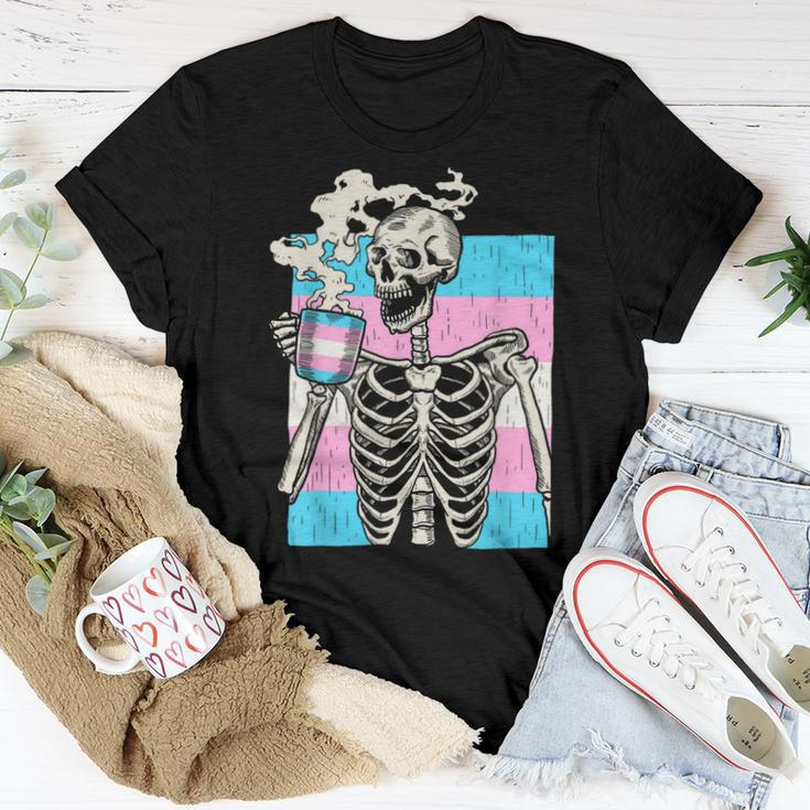 Skeleton Drinking Coffee Lgbt-Q Transgender Pride Trans Flag Women T-shirt Unique Gifts
