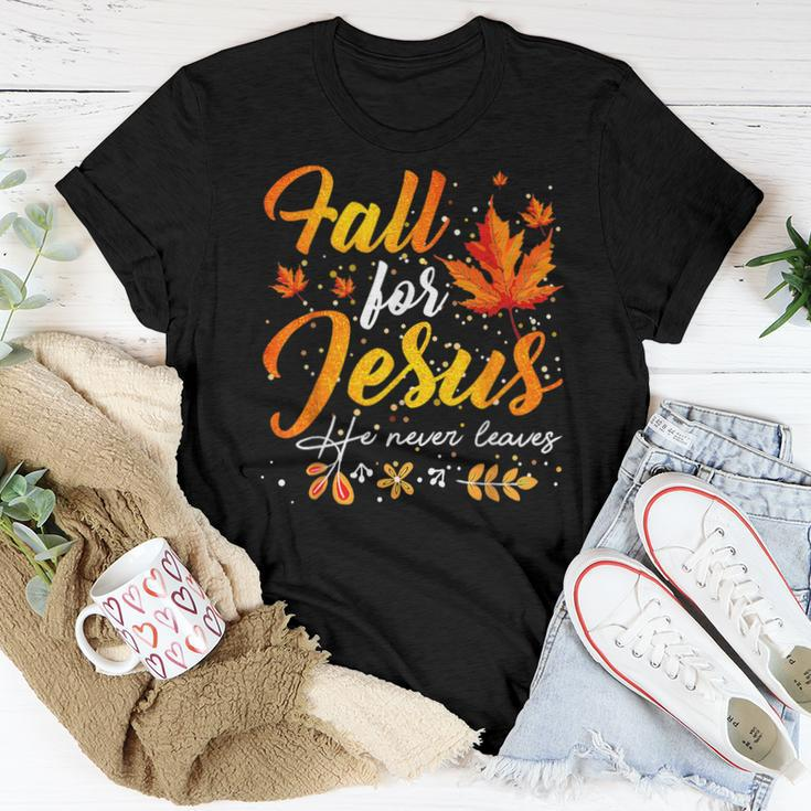 Thanksgiving Autumn Fall Jesus He Never Leaves Women T-shirt Unique Gifts