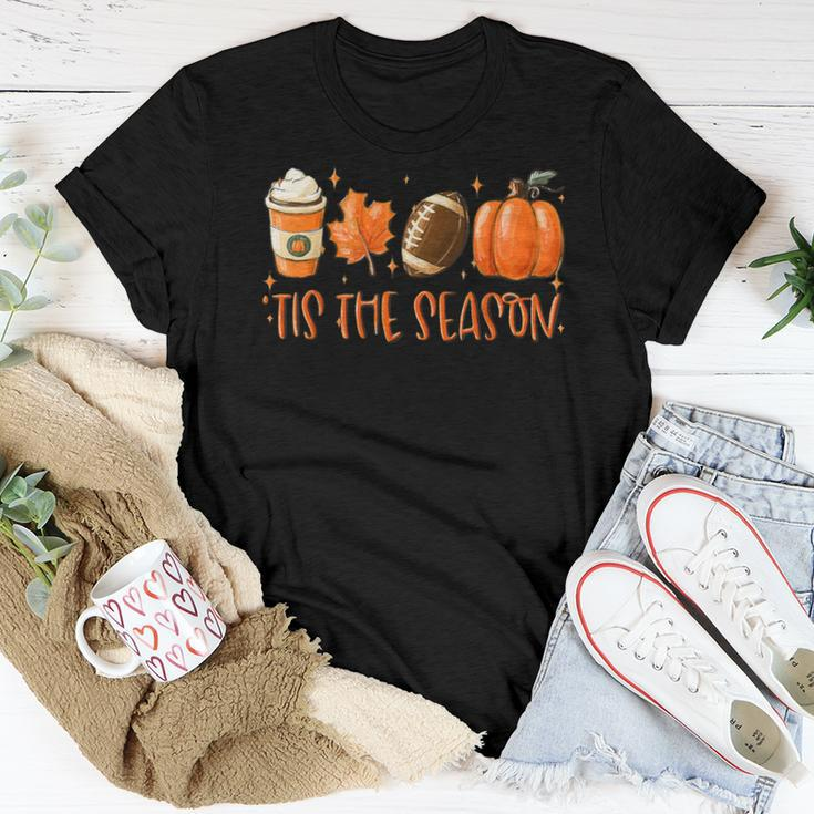 Tis The Season Pumpkin Leaf Latte Fall Thanksgiving Football Women T-shirt Unique Gifts