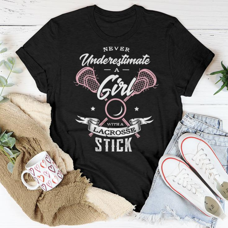 Never Underestimate A Girl With A Lacrosse Stick Lacrosse Women T-shirt Unique Gifts