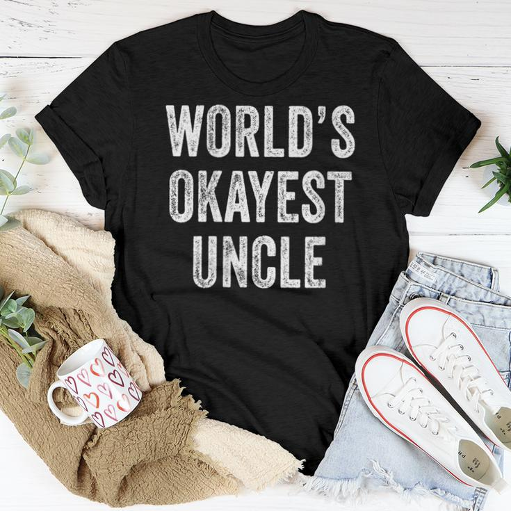 Worlds Okayest Uncle Guncle Dad Birthday Distressed Women T-shirt Crewneck Unique Gifts