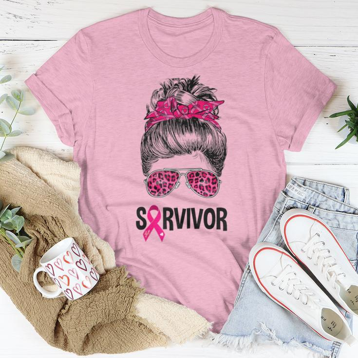 Survivor Messy Bun Pink Ribbon Breast Cancer Awareness Women T-shirt Funny Gifts