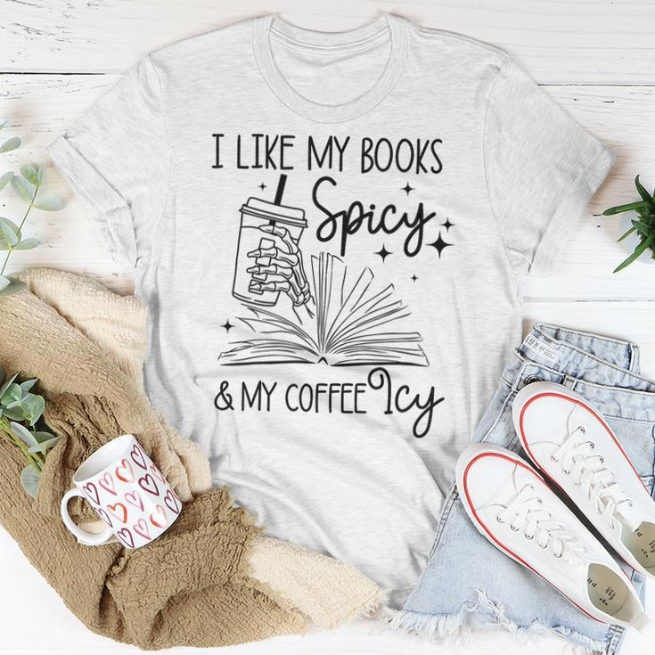 I Like My Books Spicy And My Coffee Icy Skeleton Book Lover For Coffee Lovers Women T-shirt Unique Gifts