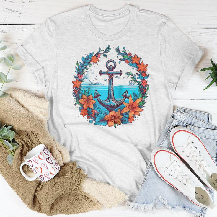 Colorful Flowers Pattern Floral Nautical Sailing Boat Anchor Women T-shirt Unique Gifts