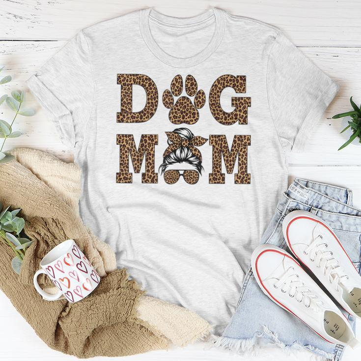 Dog Mom Leopard Messy Bun Dogs Lover Women T-shirt Unique Gifts