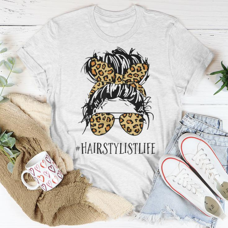 Hairstylist Life Mom Messy Bun Hairstylist Leopard Print Women T-shirt Unique Gifts