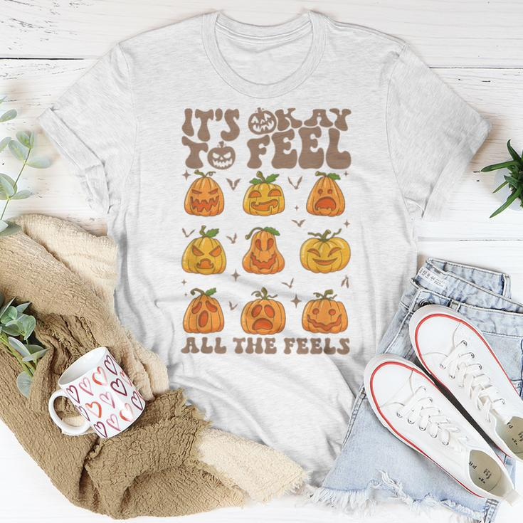 Its Okay To Feel All The Feels Fall Pumpkins Mental Health Women T-shirt Unique Gifts