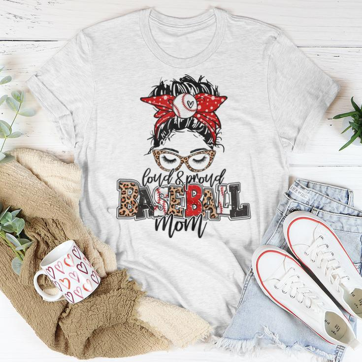 Loud & Proud Baseball Mom Messy Bun Hair Leopard Plaid Women T-shirt Unique Gifts