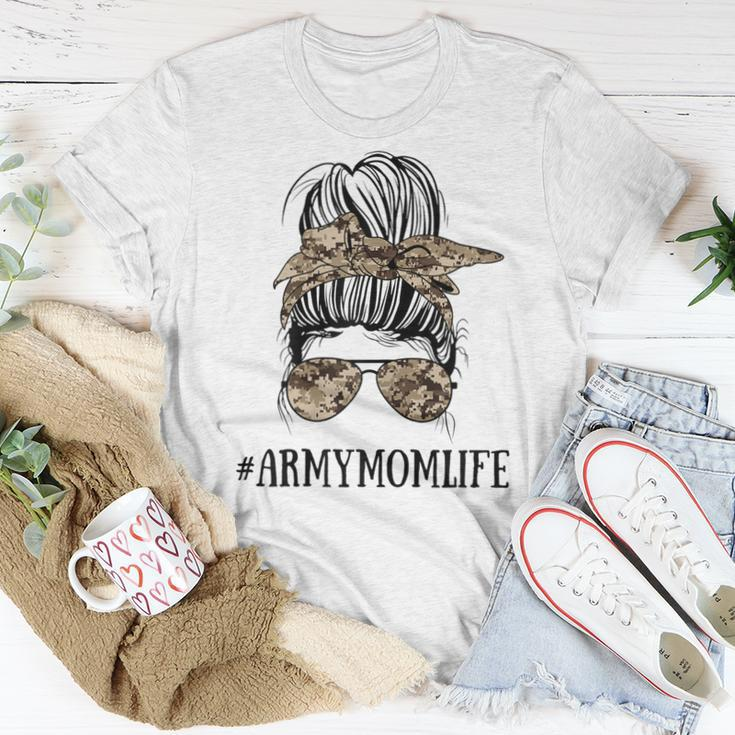 Messy Bun Life Of A Proud Army Mom Military Women T-shirt Unique Gifts