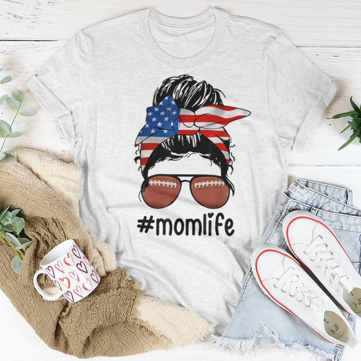 Mom Life Football Mom American Flag Messy Bun Women T-shirt Unique Gifts