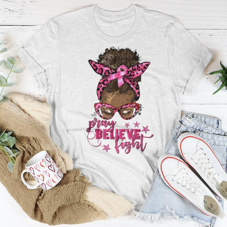 Pray Believe Fight Breast Cancer Afro Messy Bun Women T-shirt Unique Gifts