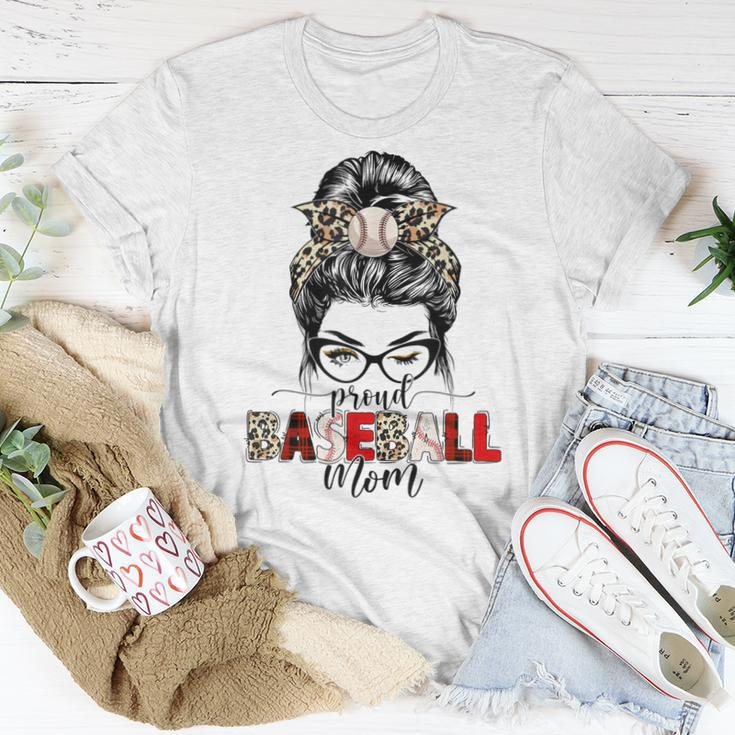 Proud Baseball Mom Life Leopard Plaid Messy Bun Women T-shirt Unique Gifts