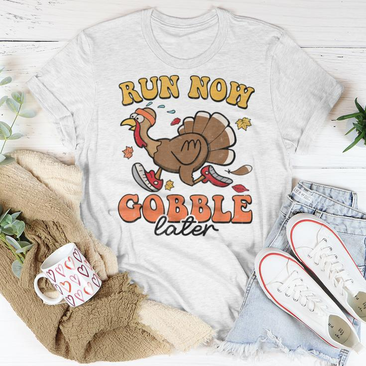 Run Now Gobble Later Turkey Autumn Thanksgiving Groovy Retro Women T-shirt Personalized Gifts