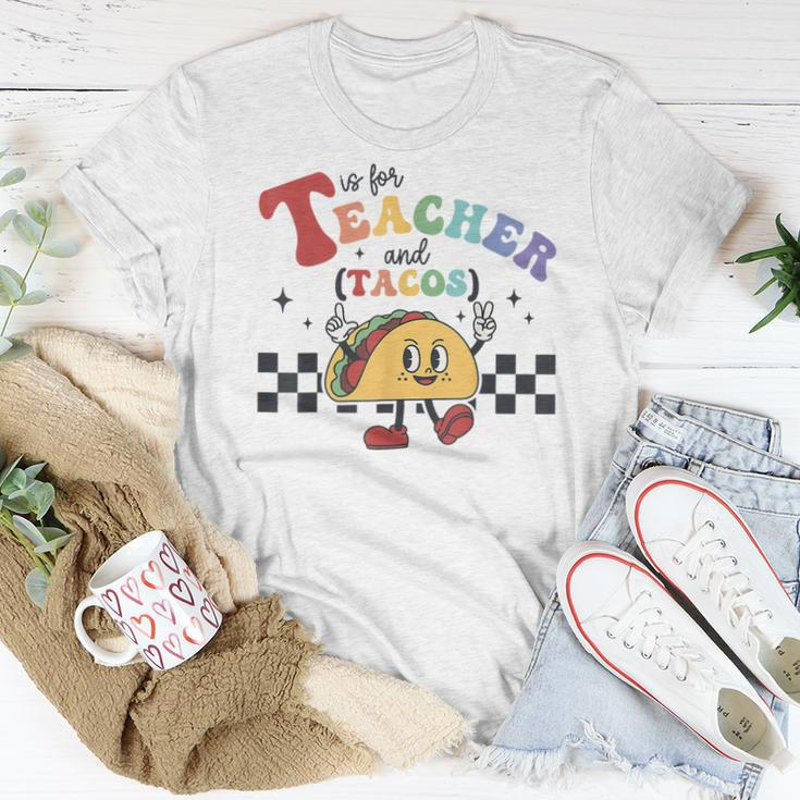T Is For Teacher And Tacos Funny Back To School Teaching Women T-shirt Short Sleeve Graphic Personalized Gifts