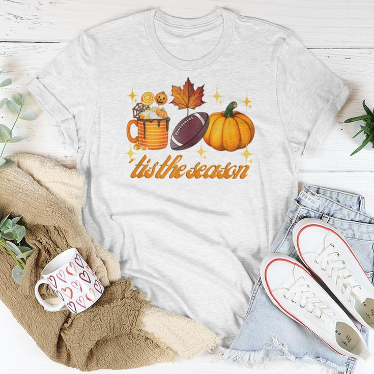Tis The Season Pumpkin Leaf Latte Fall Thanksgiving Football Latte Women T-shirt Unique Gifts