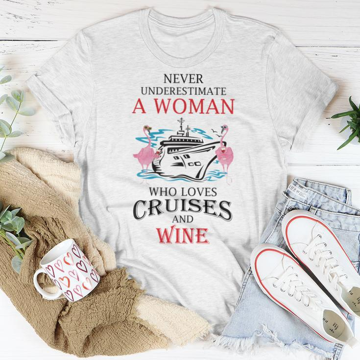 Never Underestimate Woman Who Loves Cruises & Wine Flamingo Women T-shirt Unique Gifts