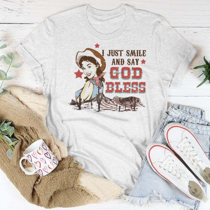 Western Country Cowgirl I Just Smile And Say God Bless Women T-shirt Unique Gifts